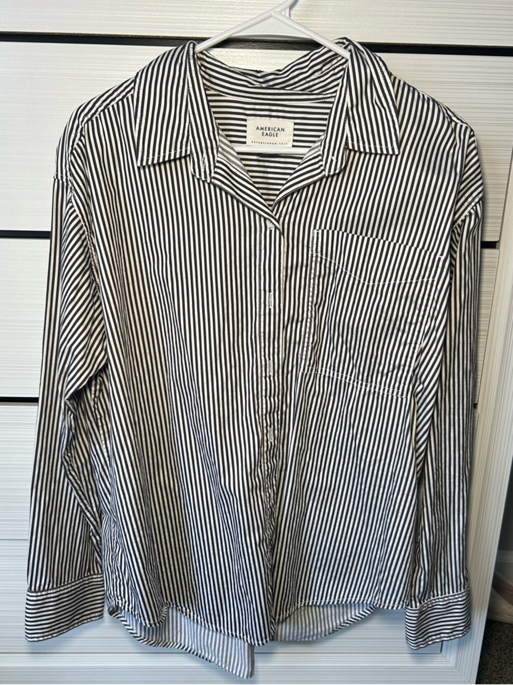 American Eagle Outfitters Black and White Vertical Stripe Button-Down Shirt